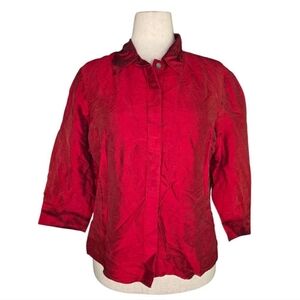 Betu 100% Silk Ruby Red Textured Button Blouse Size 14 Workwear Holiday Top